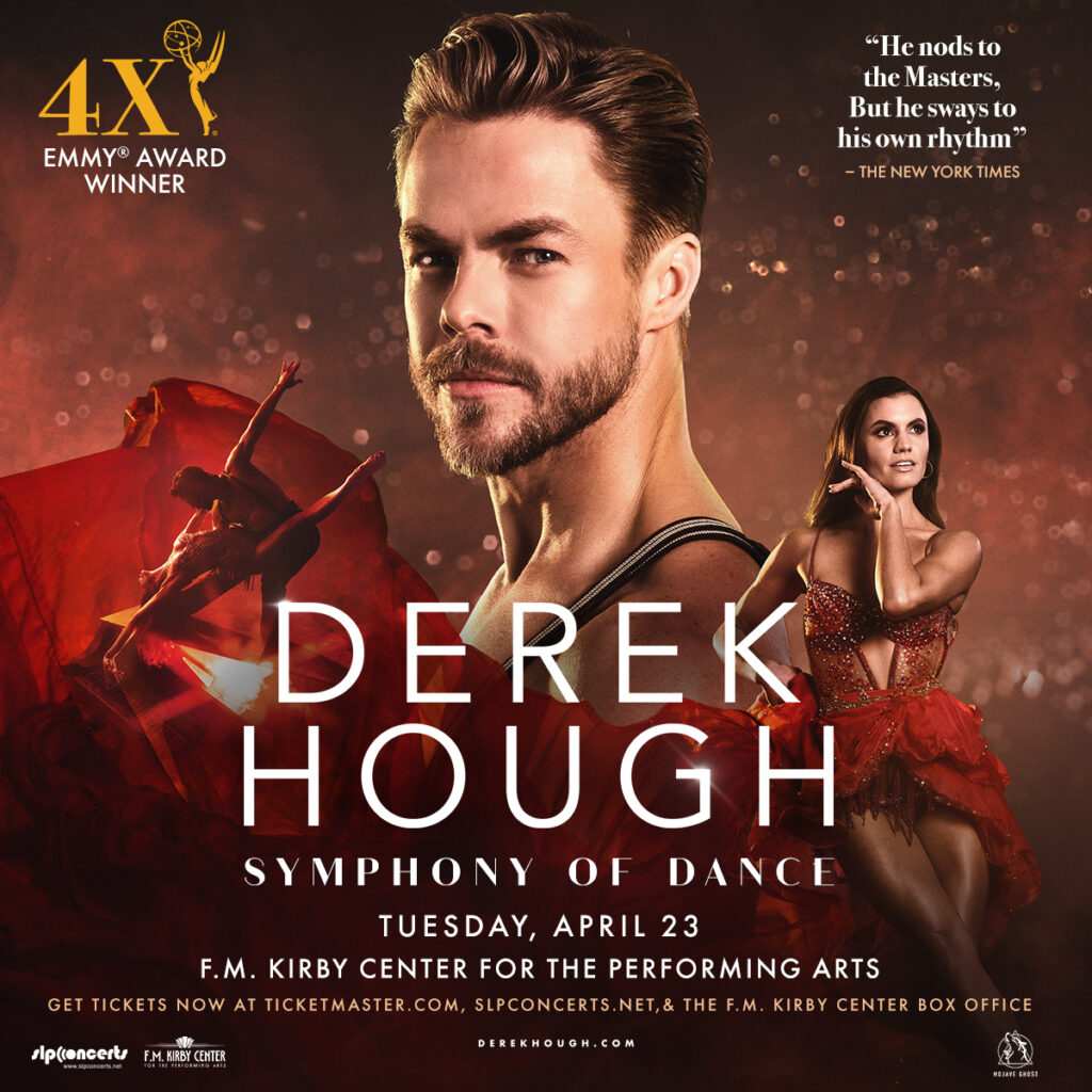 An ad for Derek Hough Symphony of Dance featuring Derek in the middle on a red background. Information for the show is on the bottom of the image. The event is on April 23rd.